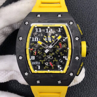 AAA Replica Richard Mille RM-011 KV Factory Black Forged Carbon Case Yellow Strap Mens Watch