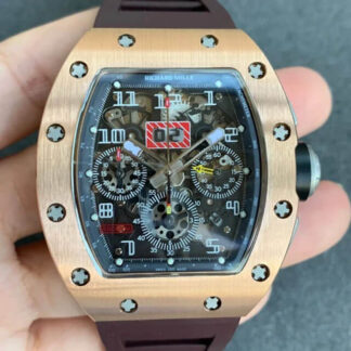 AAA Replica Richard Mille RM011 KV Factory Rose Gold Case Brown Strap Mens Watch